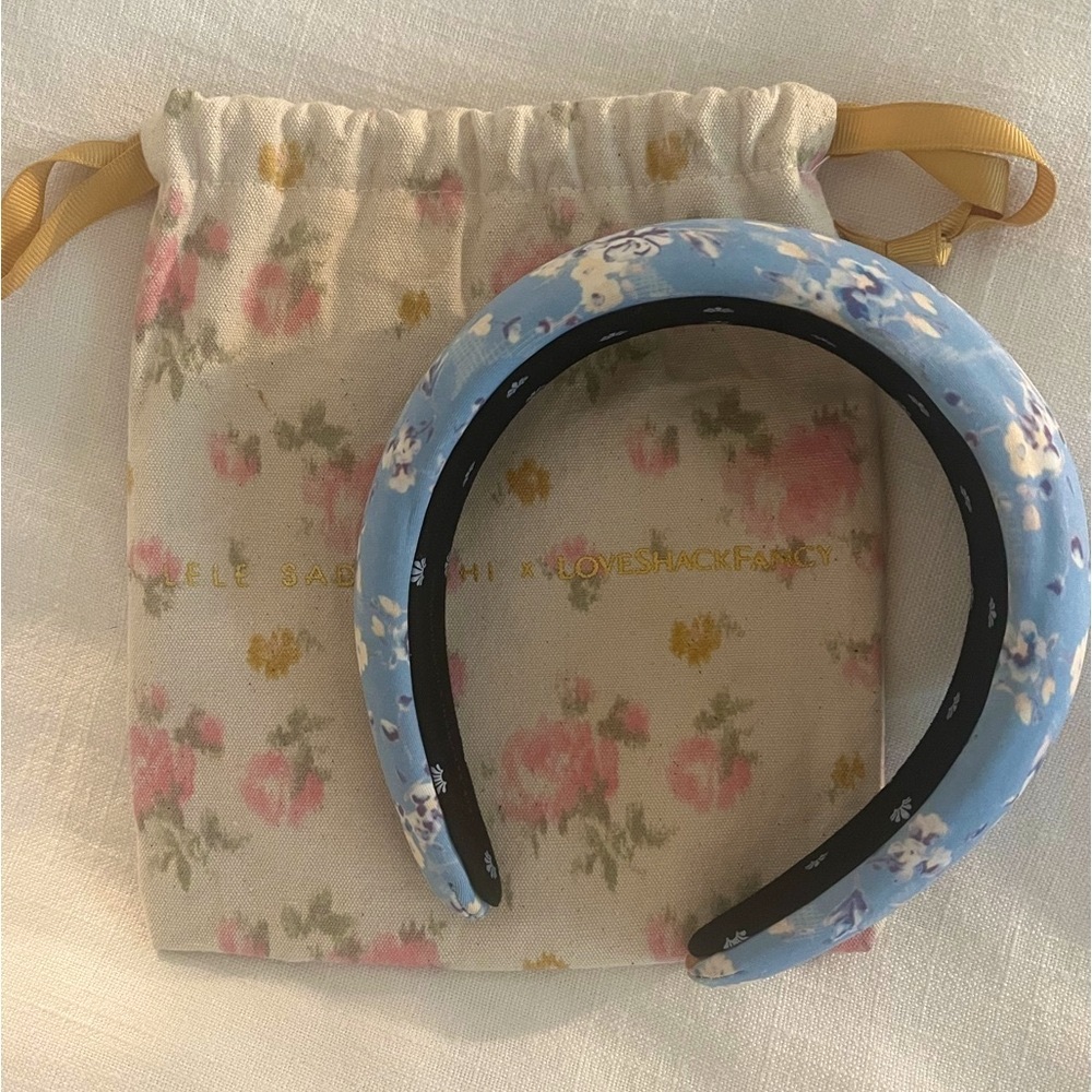 Lele Sadoughi x Loveshackfancy collab pale blue floral headband